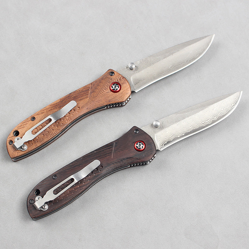Premium Damascus Folding Knife with Wooden Handle (Model 710) – Portable Outdoor Knife