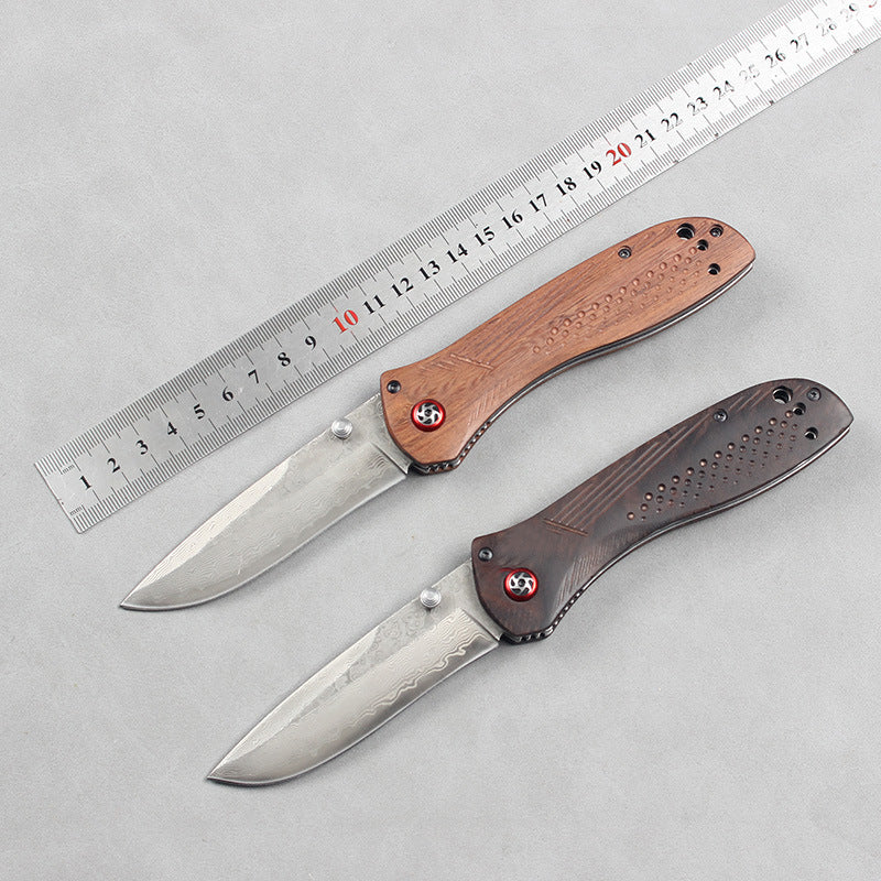 Premium Damascus Folding Knife with Wooden Handle (Model 710) – Portable Outdoor Knife
