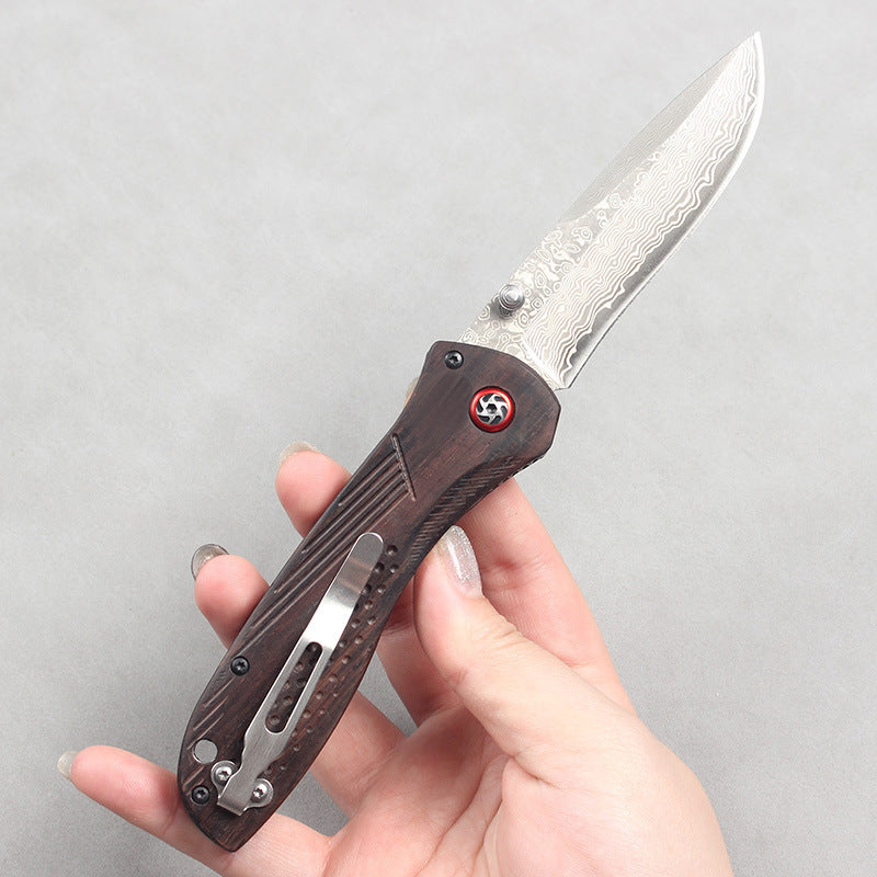Premium Damascus Folding Knife with Wooden Handle (Model 710) – Portable Outdoor Knife