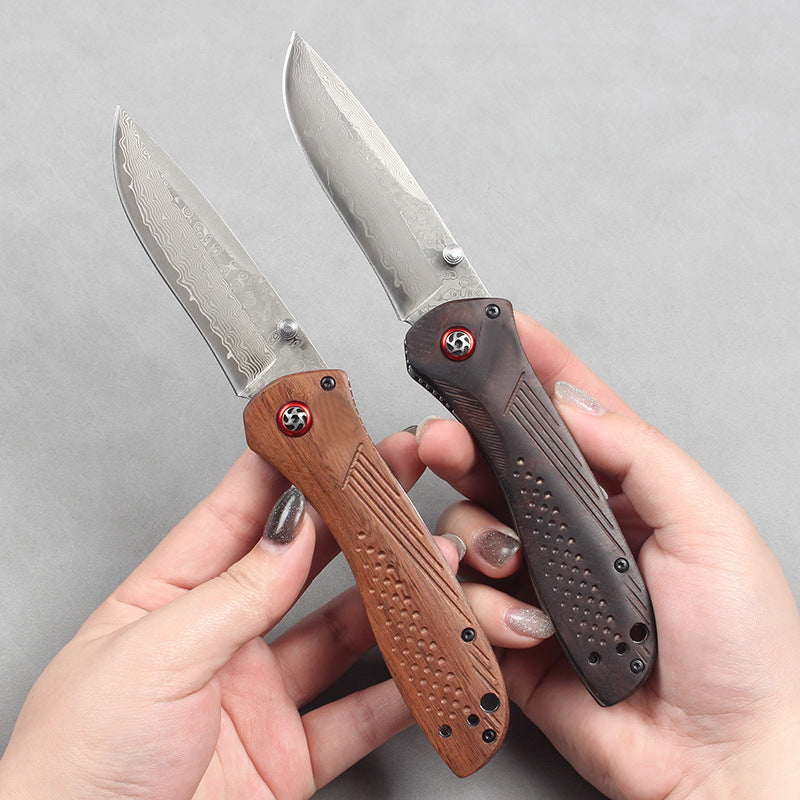 Premium Damascus Folding Knife with Wooden Handle (Model 710) – Portable Outdoor Knife