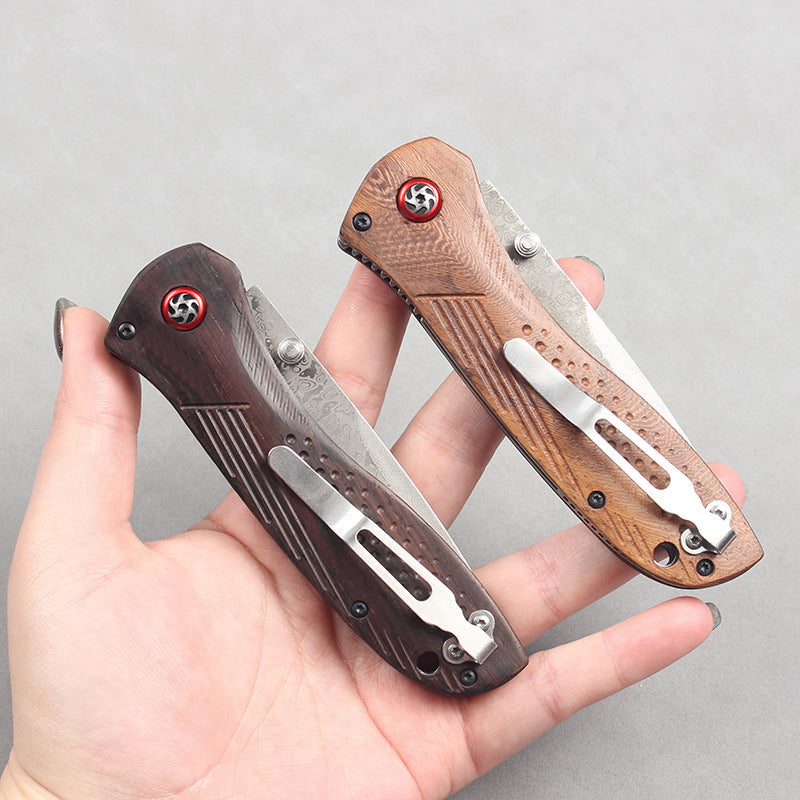 Premium Damascus Folding Knife with Wooden Handle (Model 710) – Portable Outdoor Knife