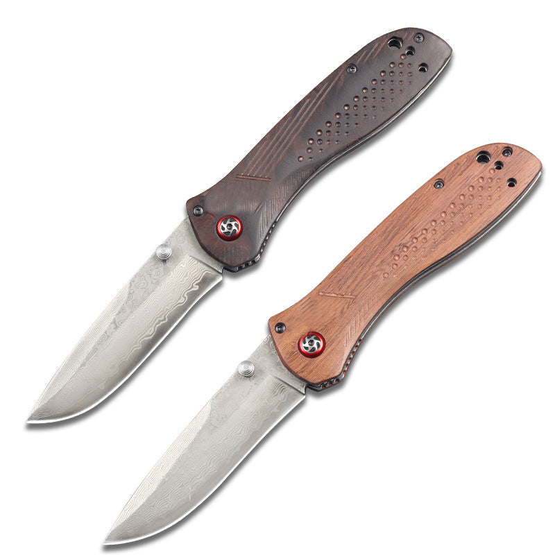 Premium Damascus Folding Knife with Wooden Handle (Model 710) – Portable Outdoor Knife