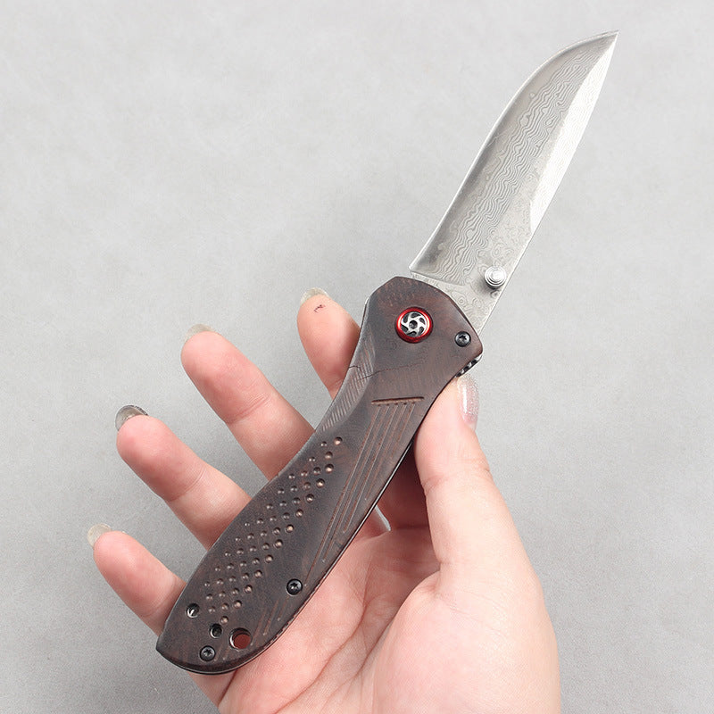 Premium Damascus Folding Knife with Wooden Handle (Model 710) – Portable Outdoor Knife