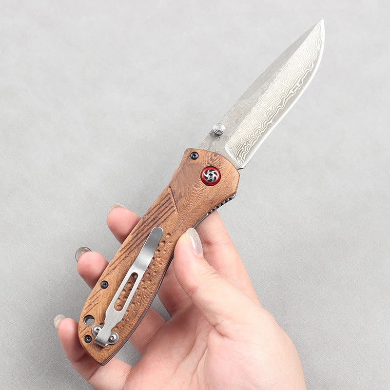 Premium Damascus Folding Knife with Wooden Handle (Model 710) – Portable Outdoor Knife